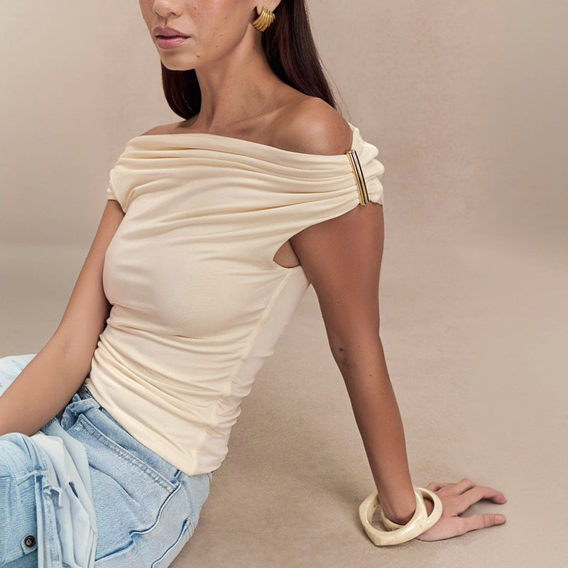 Women's Solid Color Pleated Off-shoulder Slim Off-shoulder Top