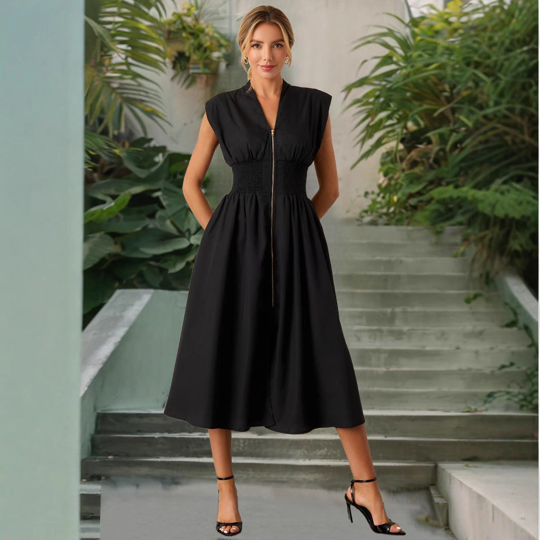 Sexy Waist Trimming Temperament V-neck Zip Placket Dress