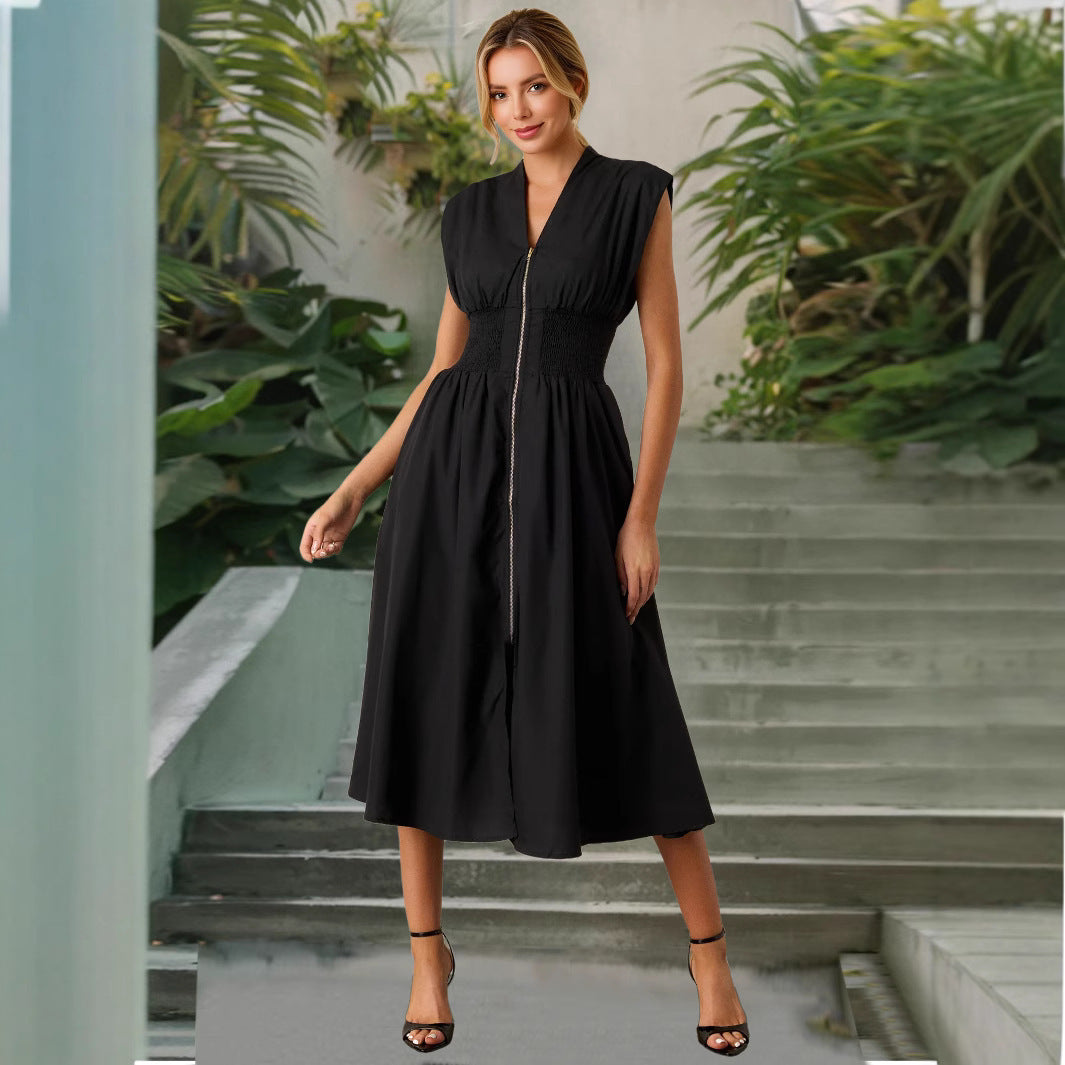 Sexy Waist Trimming Temperament V-neck Zip Placket Dress